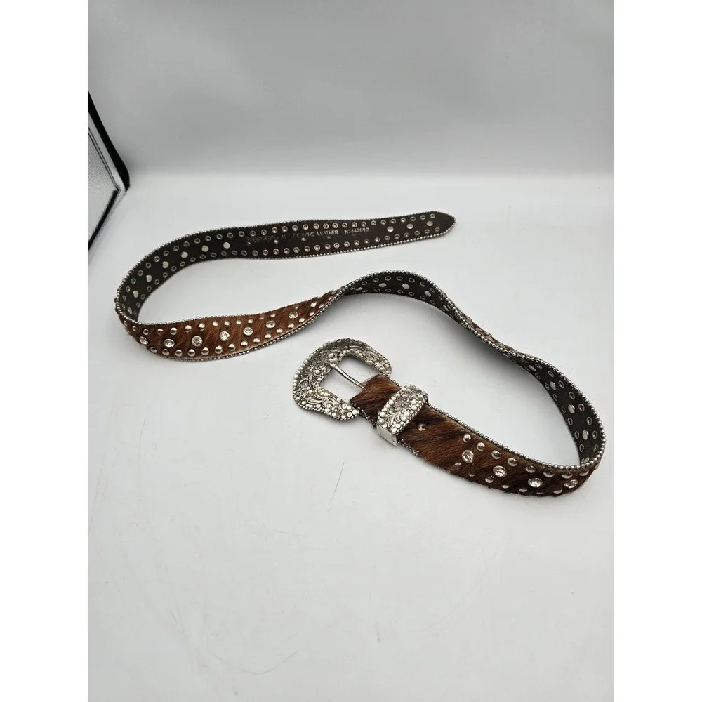 Nocona Belt Western Womens M Brown Studded Rhinestone Calf Hair Leather